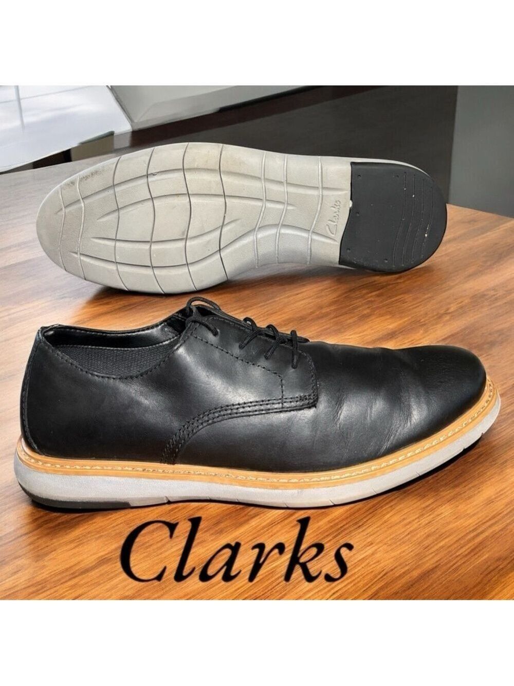 Clarks-Size 11.5 Mens Black Leather Cap Toe Oxfords. Gray sneaker sole. EUC